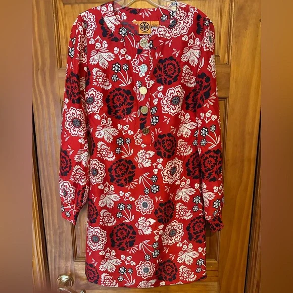 Tory Burch | Dresses | Tory Burch Womens Red Floral 100 Silk Tunic Dress  Top Gold Buttons W Belt | Poshmark
